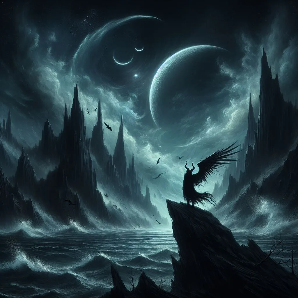 Maleficent figure in a dark landscape with a planet and moons
